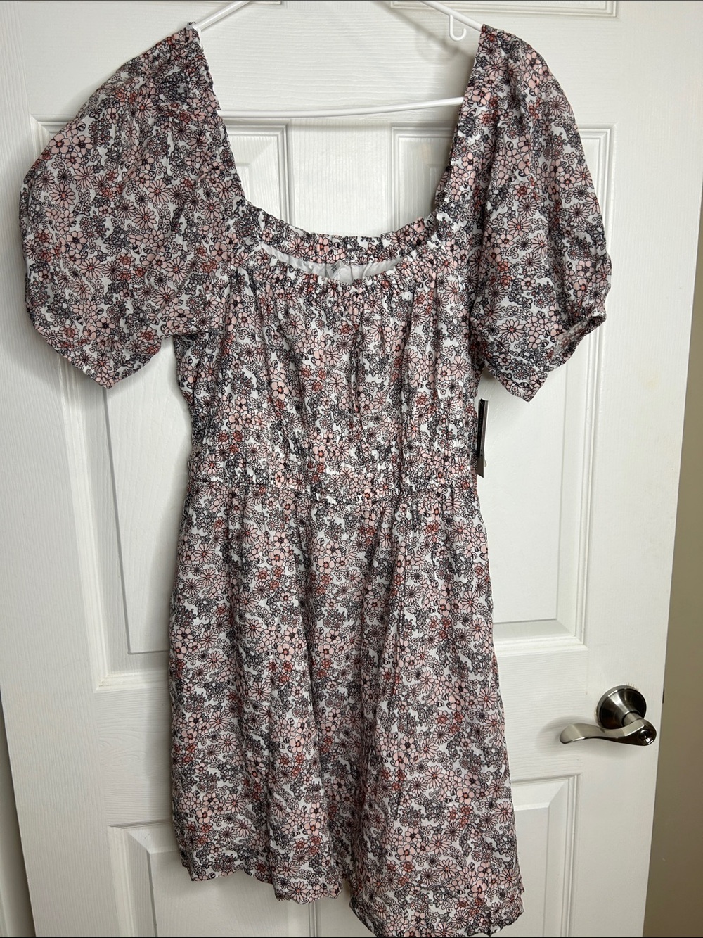 bp Floral Puff-Sleeve Smocked Mini Dress in White, Pink, and Gray